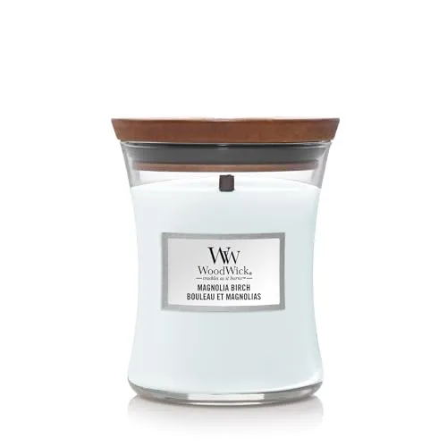 Woodwick Magnolia Birch Medium Hourglass Candle - Elegante Kerze mit einzigartigem Holzdocht, sorgt für ein beruhigendes Knistern und ein angenehmes Ambiente.