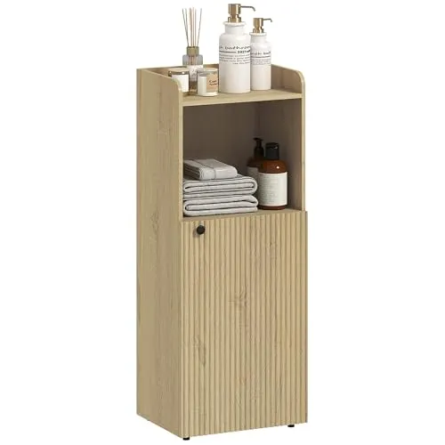 HOMCOM Badezimmerschrank Nischenschrank mit Schrank, offen Regal, verstellbar Regal, Badschrank Toilettenschrank Beistellschrank für Badezimmer, kleine Räume, 40 x 31 x 104 cm, Gelbeiche