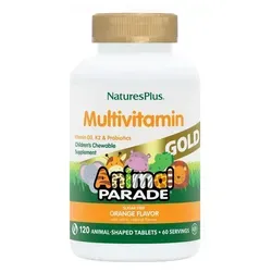 Natures Plus Animal Parade Gold Multivitamin Orange – 120 Kautabl. - Zuckerfreie Multivitamin-Kautabletten in Tierform mit leckerem Orangengeschmack, ideal für Kinder. Enthält über 20 Vollwertkonzentrate und ist gluten- sowie zuckerfrei. Perfekt für die tägliche Unterstützung der Ernährung.