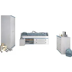58aufmkessel Kinderzimmer-Set, Weiß & Blau, 4-teilig - Kompaktes Kinderzimmer-Set mit Stauraumbett und Kleiderschrank. Ideale Lösung für Ordnung und Stil im Kinderzimmer, perfekt für kleine Räume.