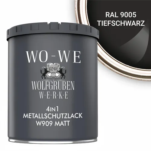WO-WE Metallschutzlack 4in1 W909 Schwarz - 750ml - Vielseitiger 4-in-1 Metalllack für eine matte, strapazierfähige Oberfläche. Ideal für den Außenbereich, schützt er Metall vor Korrosion und Abnutzung. Einfach anzuwenden und für zahlreiche Anwendungen geeignet.