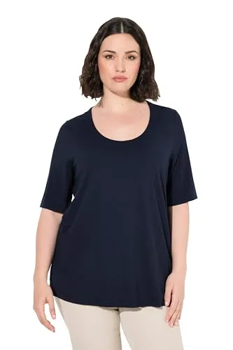 Ulla Popken Damen T-Shirt, doppellagig mit V-Ausschnitt, Mitternachts Blau, Größe 46-48 - T-Shirt für Damen mit doppellagiger Vorderseite und gerundetem V-Ausschnitt, bietet eleganten Fall und hohen Tragekomfort dank Seitenschlitzen.