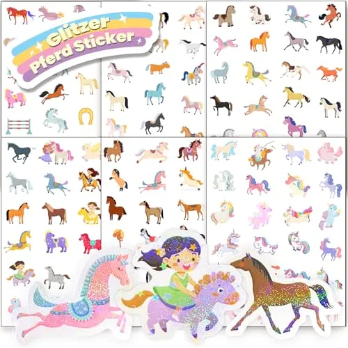 Hongma Pferd Glitzer Sticker mit Glitzereffekt 6pcs Über 150 Motiv Glitzersticker Horse Einhorn Aufkleber Holografische für Kinder Mädchen Scrapbooking Fotoalbum Geschenke (Nicht Reflektierend)