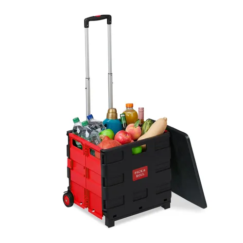 Einkaufstrolley Klapptrolley mit Rollen - Einkaufsroller in Rot oder Schwarz, mit praktischem Teleskopgriff und robustem Kunststoffmaterial für einfachen Transport.