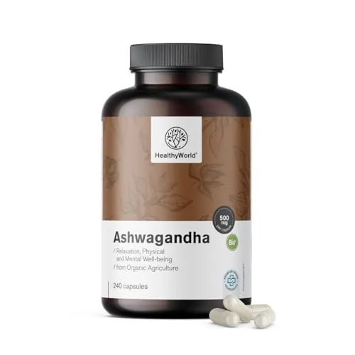 HealthyWorld Ashwagandha 500 mg - Anti-Stress - Hochwertige Qualität, hohe Konzentration - 1500 mg pro Tagesdosis - Withania Somnifera - Ohne Zusatzstoffe - 240 Pflanzenkapseln