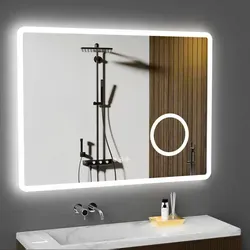 GIMBELEN Beleuchteter Badspiegel 80 x 60 cm mit 3-fach Vergrößerung - Modern gestalteter Badspiegel mit 3 Lichtfarben und Dimmfunktion für individuelle Beleuchtung. Ideal für präzise Pflege durch integrierte Vergrößerungslinse und praktische Steckdose.