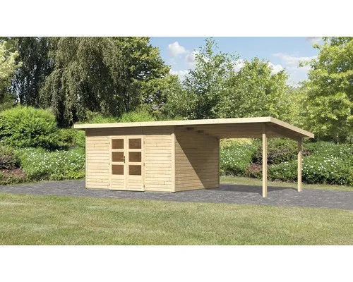Karibu Gartenhaus Northeim 4 mit Anbaudach 3,3 m - Stabil und Vielseitig - Das Karibu Gartenhaus Northeim 4 aus stabilem Massivholz bietet idealen Platz für Ihre Gartengeräte. Mit Doppelflügeltür und Anbaudach erweiterbar, sorgt es für natürliche Beleuchtung und passt in jeden Garten.