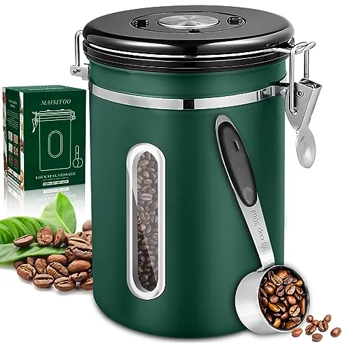 MAISITOO Kaffeedose Luftdicht 1,8L, Kaffeebohnen Behälter aus Edelstahl mit Transparentem Fenster, Datumsanzeige und Portionierer,Vorratsdose für den Aromaschutz Ihres Kaffees,Tee Nüsse Länger