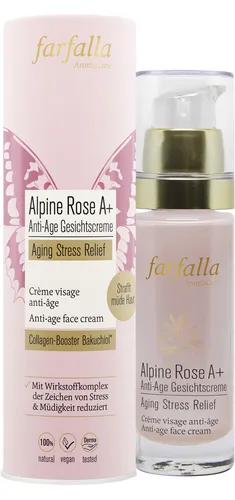 Farfalla Alpine Rose A+ Anti-Age Gesichtscreme - Nachtpflege mit innovativem Wirkstoffkomplex, der Stress-Botenstoffe reduziert und die Haut schützt. Enthält Bakuchiol als pflanzliche Vitamin-A-Alternative für straffere Haut.