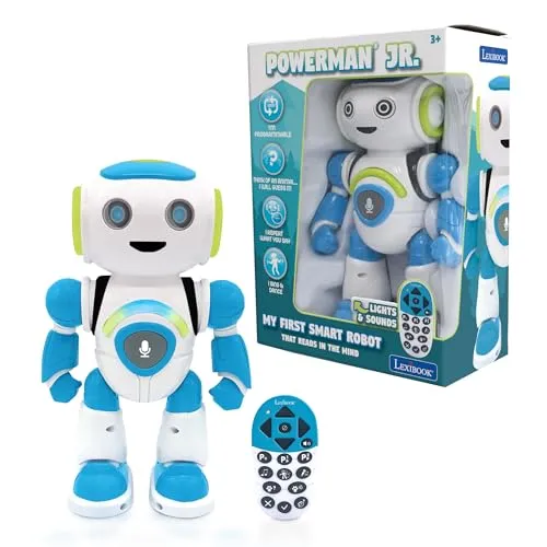 Lexibook ROB20EN Powerman Jr. Intelligent Interactive Read in Ghost Toy for Children Dance Music Animal Quiz STEM Programmable Remote Control Boy Robot Green/Blue