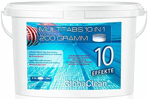 GlobaClean Chlor Multitabs 10 in 1 - Zwei Phasen Chlortabletten für Pool - Chlor: 10 Funktionen in einer Tablette, ideal für Pools ab 20m³. Langzeitdesinfektion & einfache Anwendung ohne Abmessen, Made in Europe.