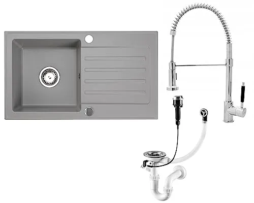 Faizee Möbel | Granitspüle 76x44 cm Grau | Eckige Küchenspüle mit Spiralarmatur in Chrom & Siphon-Set | Kratzfest & hitzebeständig | Für Unterschränke ab 45 cm