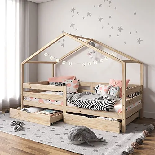 IDIMEX Kinderbett ENA, Hausbett Montessori 90 x 200 - Betten für Kinder, mit Rausfallschutz und praktischen Schubladen, aus massivem Kiefer in natürlicher Optik, ideal für sicheres und stylisches Schlafen.