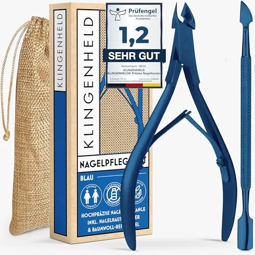 KLINGENHELD® Präzise Nagelhautzange inkl. 1 Nagelhautschieber - Sehr leichtgängig & extra scharf - inkl. Reise-Etui aus Baumwolle 100% plastikfrei & nachhaltig - Nagelhautschere, Nagelhautschneider