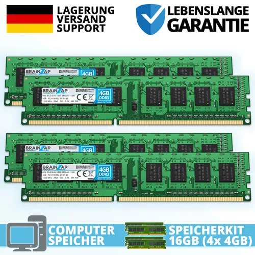 16GB. 4x 4GB DDR3 RAM PC3-10600U-09-11-B0 1333 MHz DIMM 2Rx8 1.5V CL9 Unbuffered