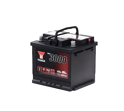 Yuasa YBX3012 SMF-Akku 12 V 52 Ah 450 A - Autobatterie für bis zu 30.000 Motorstarts, extra Platten für höhere Startkraft und aufrollsicherer Deckel für zusätzliche Sicherheit. Ideal für Fahrzeuge mit Standard-Stromanforderungen.