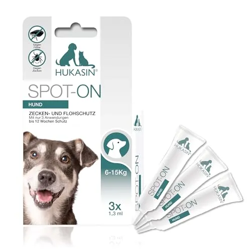 Hukasin® Spot On Hund - Zecken- und Floh Schutz - langanhaltender Zeckenschutz & Flohmittel bis zu 12 Wochen, für die Gesundheit Ihres Hundes