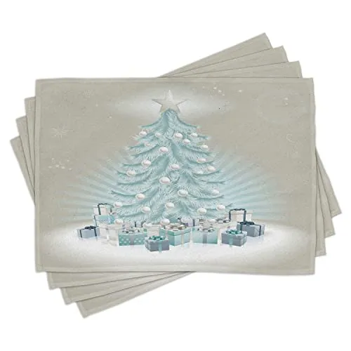 ABAKUHAUS Weihnachten Platzmatten, Xmas Tree Presents, Waschbare Stoff Esszimmer Küche Tischdekorations Digitaldruck, Mintgrün Blaugrau