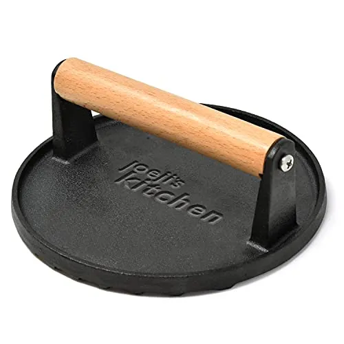 Joeji's Kitchen Burgerpresse - Perfekte Grillmarken mit Antihaft Gusseisen - Fleischhämmer & Fleischklopfer mit gerippter Oberfläche für tolle Prägungen und gleichmäßiges Garen. Hält ein Leben lang mit 100% Zufriedenheitsgarantie!