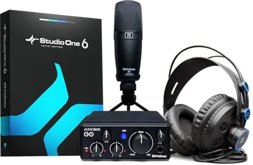 Presonus AudioBox GO Creator Bundle - Audio-Interface Recording Set mit USB 2.0 Audiointerface, HD7 Kopfhörer und M7 Mikrofon; ideal für kreative Projekte mit 6 Monaten Zugang zu Studio One Professional.