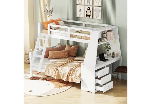 Modfu Etagenbett Weiß, 90x200 cm, mit Schreibtisch und Regal - Praktisches Etagenbett für Kinderzimmer: Kombiniert zwei Liegeflächen mit einem integrierten Schreibtisch und Regal. Optimal für Platzersparnis und Organisation, ideal für kleine Räume.