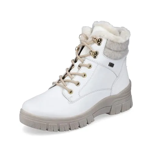 Remonte Damen D0E71 Schneestiefel - Stilvoller Winterbegleiter in Weiss/Sand/Offwhite - Wanderschuhe aus hochwertigem Echtleder mit wärmender Schurwolle und rutschfester Light TR-Laufsohle, ideal für kalte Tage.
