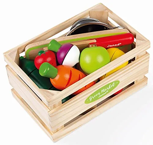Janod - Holz Obst und Gemüse Spielset ‘Green Market’ - Spielzeug-Lebensmittel für Kinder ab 3 Jahren, fördert motorische Fähigkeiten und Kreativität mit 9 schneidbaren Obst- und Gemüsesorten.