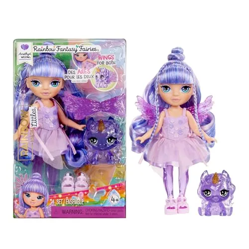 Rainbow High Littles Rainbow Fantasy Fairies & Pet - Amethyst, Lila - 14 cm Kleine, Bewegliche Puppe & Fantasie Pegasus Einhorn mit Austauschbaren Feenflügeln, Süßes Geschenk für Kinder ab 4