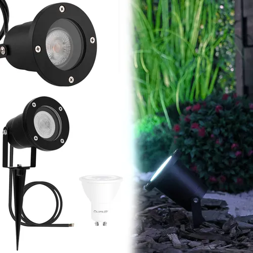 LUMILED 1 Stück Gartenstrahler, Gartenleuchte mit LED GU10 6W kaltweiß 6500K, Wasserdicht IP65 mit Erdspieß, schwenkbarer Kopf, in Schwarz