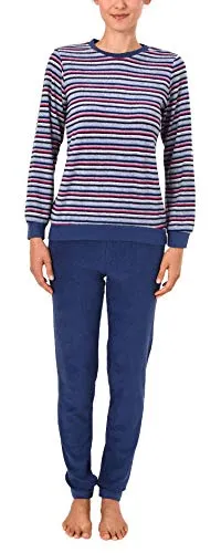 Damen Frottee Pyjama lang mit modischen Ringeln - Farbe: Blau, Größe: 48/50 - Eleganter Frottee Pyjama für Damen, ideal für kühle Tage. Weiche Qualität sorgt für höchsten Komfort und eignet sich perfekt als Homewear. Pflegeleicht und waschbar bis 60 Grad.