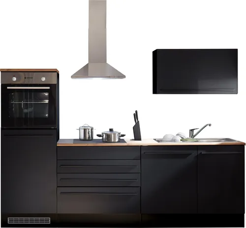 Yourkitchen Küchenblock 260 JAZZ – Modern und Funktional - Küchenzeilen mit eleganter matt schwarzer Oberfläche und umfassendem E-Geräte-Set. Bietet viel Stauraum und Arbeitsfläche für eine stilvolle Küche.