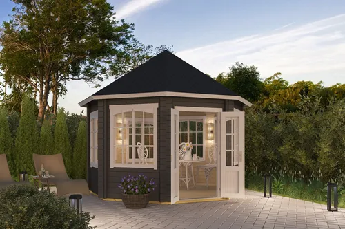 Pavillon Walmdach 44 mm Jamaica grau 367x367 cm - Gartenhaus mit 7 Doppelfenstern und abschließbarer Doppeltür, bietet 9 m² Nutzfläche und ist ideal für entspannte Stunden im Garten.