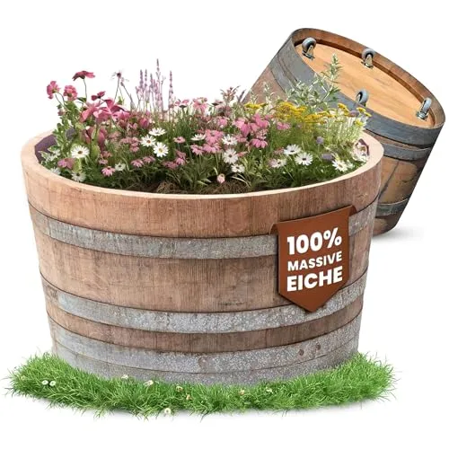 Temesso Pflanzkübel D 70cm - Halbiertes Weinfass für Garten und Terrasse - Garten-Zubehör mit 100L Inhalt, ideal als Miniteich oder Pflanzgefäß, mobil dank praktischer Rollen.