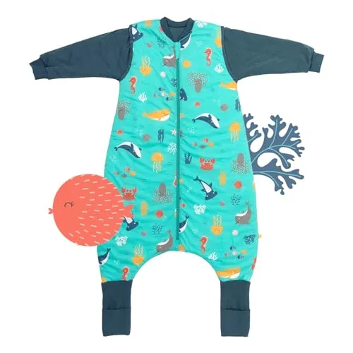 schlummersack Baby Schlafsack mit Füßen und Ärmeln – 1 Tog, 130 cm für Körpergröße 130-140 cm – Atmungsaktiv, verlängerbare Bündchen, Anti-Rutsch, Oeko-Tex zertifiziert, Meerestiere-Design
