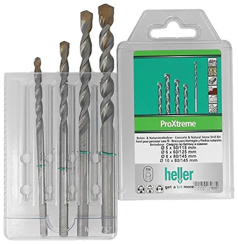 Heller Tools ProXtreme 28263 5 Hartmetall Beton-Spiralbohrer-Set 4-teilig - Spiralbohrer für Beton und Naturstein, inklusive 4 Durchmesser (5/6/8/10 mm) für vielseitige Anwendungen im Handwerk.