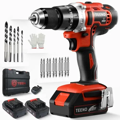 TEENO Akku-Bohrschrauber 20V, 2x 2000 mAh Akku, 45 Nm, 20+3 Drehmomenteinstellungen, 2-Gang-Getriebe, 0-1650 U/min, 13 mm Bohrfutter, inkl. Zubehör und Koffer