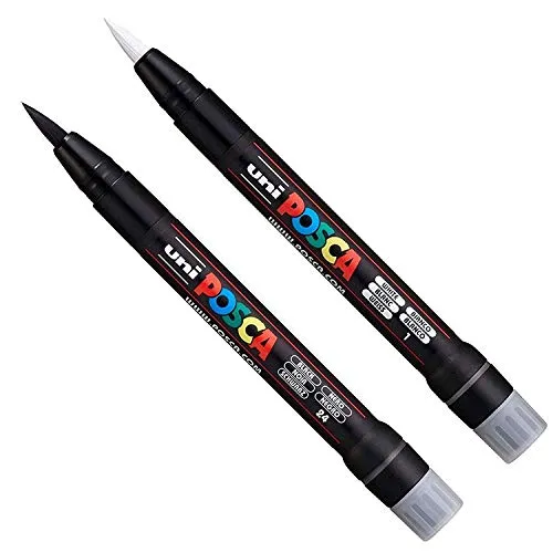 POSCA Uni PCF-350 Pinsel-Marker – Stift für Stoff, Glas, Metall – Set schwarz und weiß (je 1 Stück)