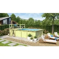 Karibu Pool Gr. 2 inkl. Terrasse KDI Innenhülle Blau - Holzpool mit 44 mm starken Wänden, einfacher Montage und Sandfilter für beste Wasserqualität – ideal für entspannende Sommertage im eigenen Garten.