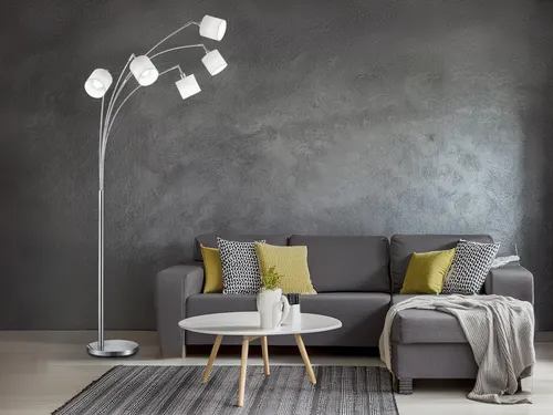 Moderne 5-flammige LED Standleuchte 200cm mit Textilschirm in Weiß - Stehlampe mit 5 E14 Fassungen, dimmbaren LED Leuchtmitteln und schwenkbaren Köpfen für gezielte Lichtakzente. Ideal für ein gemütliches Ambiente und stilvolle Wohnräume.