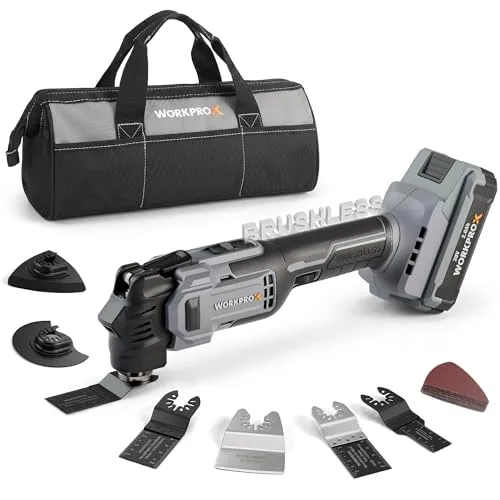WORKPROX 20V Bürstenloser Oszillationswerkzeug Akku mit Tasche | 6 Einstellbare Geschwindigkeiten, Multifunktionswerkzeug zum Schneiden, Schleifen, Abkratzen, Sägen(Ohne Ladegerät)