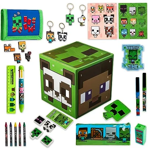 Minecraft Adventskalender Kinder 2025, Schule Schreibwaren, 24 Überraschungen mit Stifte, Radiergummi & Mehr Zubehör Creeper Gamer Geschenke für Jungs (Grüner Würfel)