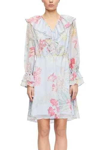 comma Minikleid mit V-Ausschnitt - Kurzes Kleid aus fließendem Crêpechiffon mit femininen Volant-Details und langen Ärmeln. Die Relaxed Fit-Silhouette sorgt für hohen Tragekomfort und macht es zum idealen Begleiter für romantische Anlässe oder festliche Events.