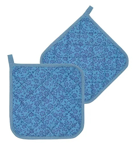 Lashuma Topf Untersetzer Set, 2X Topflappen blau Kornblumen Motiv, Topfhalter Baumwolle 20x20 cm