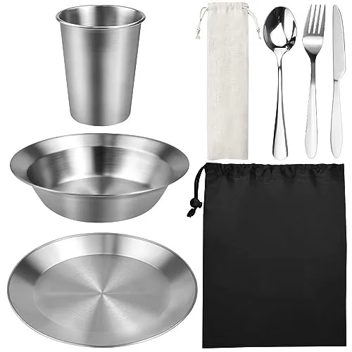 REFORUNG Campingbesteck Outdoor-Geschirr-Set besteck Tellern Tassen Schalen camping picknick, edelstahl mit Tasche Messer Gabel Löffel Reisetasche für Kochgeschirr Reisen Wandern