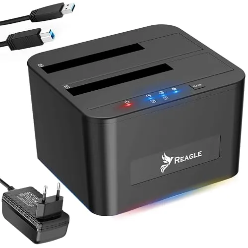 Reagle Dual SATA Docking Station - 2X HDD/SSD bis 16TB, Offline Klonen, SuperSpeed USB 5Gb/s - Dockingstation für Festplatten mit Unterstützung für 2,5