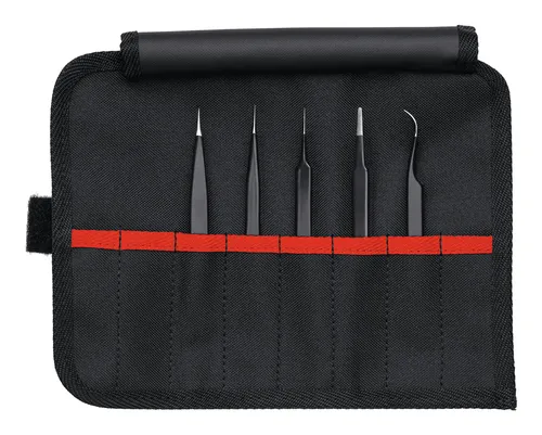 Knipex 92 00 01 ESD Universalpinzette-Set 5teilig - Pinzetten & Spiegel, ideal für die Elektronik- und Feinmechanikindustrie mit elektrisch ableitender Beschichtung zum Schutz empfindlicher Bauteile.