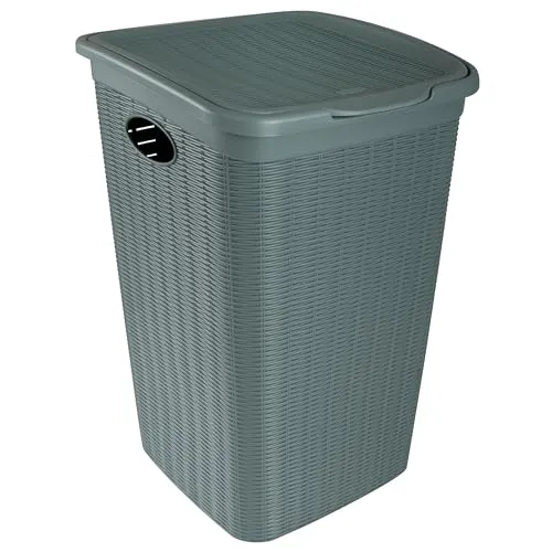 Wäschekorb 50 Liter groß Grün - Rattanoptik mit Deckel - aus recyceltem Kunststoff Wäschesammler mit Löcher 38x36x54cm Wäschebox Wäschesortierer Haushaltskorb Haushalt Wäschetruhe Wäschetonne