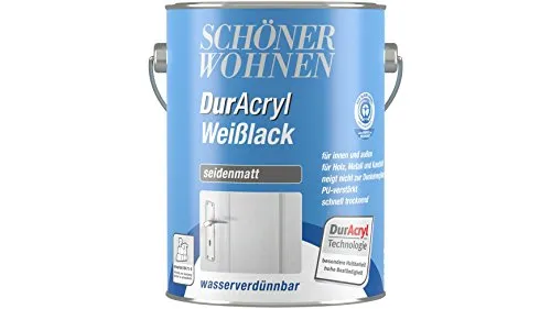 Schöner Wohnen DurAcryl Weißlack 2,5 L - Seidenmatt, Wasserverdünnbar - Lacke, ideal für eine glänzende und langlebige Oberfläche, wasserverdünnbar für einfache Anwendung und Reinigung.
