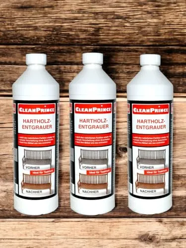 CleanPrince Hartholzentgrauer 3 x 1 Liter - Einfache Anwendung ohne Anschleifen, bringt den natürlichen Farbton von Hartholz zurück und lässt Ihre Möbel strahlen. Ideal für Teak- und Bankirai-Holz. Set mit 3 x 1 Liter für optimale Ergebnisse.