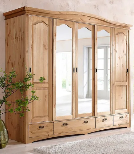 Home affaire Schiebetürenschrank Konrad – Rustikaler Landhausstil mit Spiegel - Schiebetürenschrank im Landhausstil, massive Kiefer, FSC®-zertifiziert, mit 5 Türen und 3 Schubladen für viel Stauraum und eine elegante Optik.